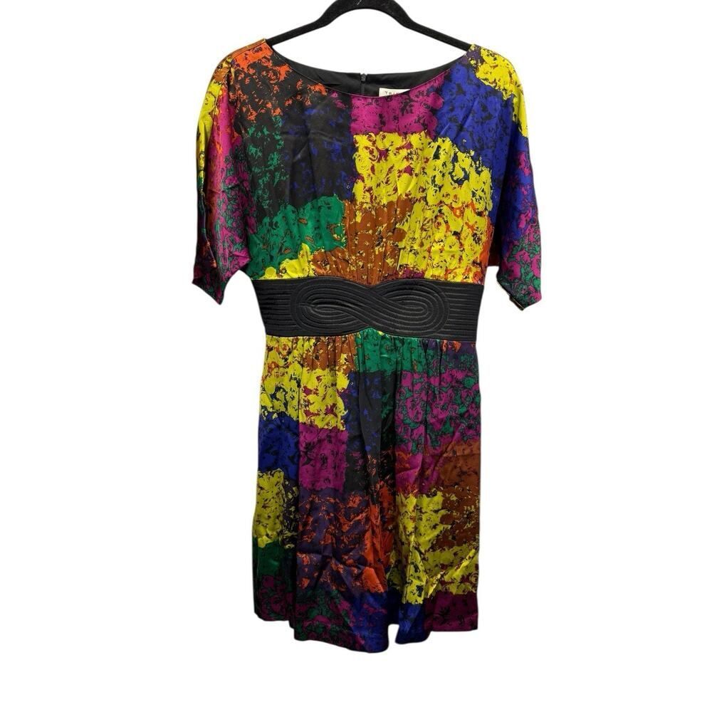 Trina Turk Fosse 100% Silk Multicolor Dress Size 10 Vibrant Print Waist Detail - Picture 5 of 11